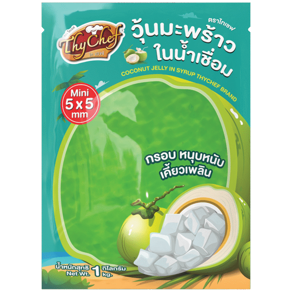 วุ้นมะพร้าวในน้ำเชื่อม, coconut in jelly, กลิ่นใบเตย, pandan flavoured, 5*5 mm, 5*5 มม, Thychef, ไทเชฟ