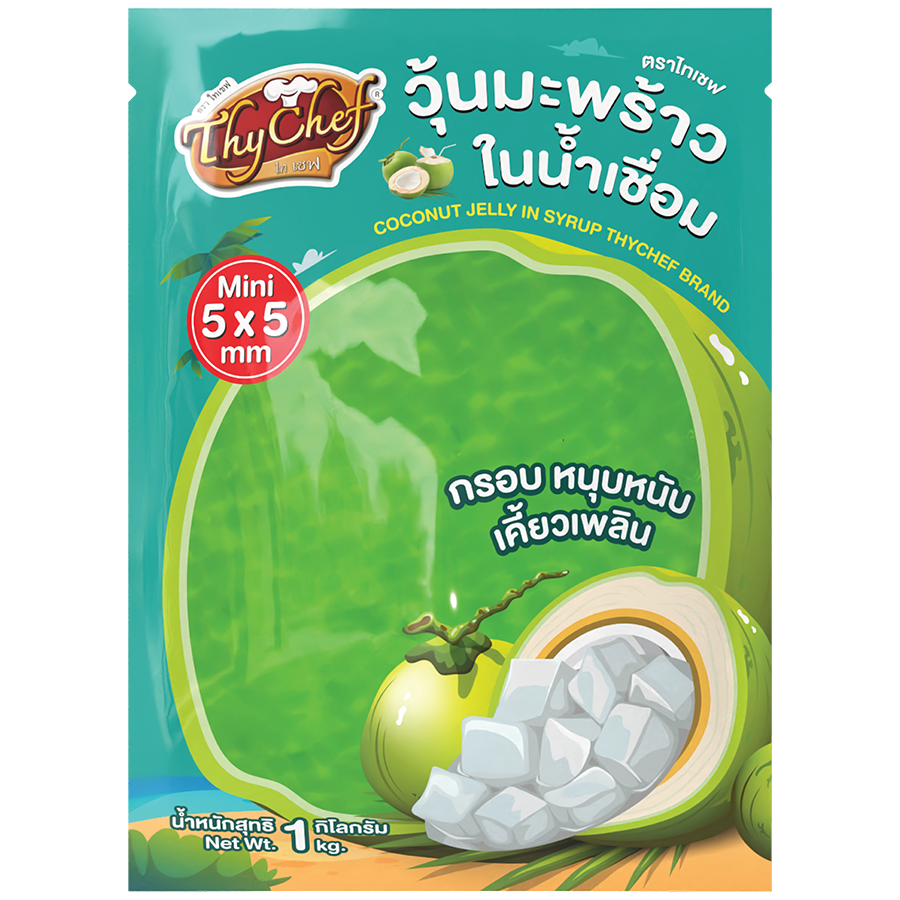 วุ้นมะพร้าวในน้ำเชื่อม, coconut in jelly, กลิ่นใบเตย, pandan flavoured, 5*5 mm, 5*5 มม, Thychef, ไทเชฟ