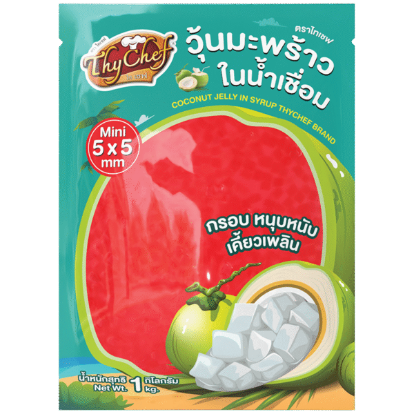 วุ้นมะพร้าวในน้ำเชื่อม, coconut jelly in syrup, กลิ่นสตรอเบอร์รี่, strawberry flavoured, 5*5 mm, 5*5 มม, Thychef, ไทเชฟ