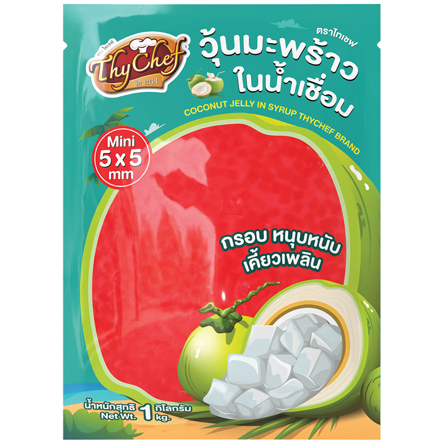วุ้นมะพร้าวในน้ำเชื่อม, coconut jelly in syrup, กลิ่นสตรอเบอร์รี่, strawberry flavoured, 5*5 mm, 5*5 มม, Thychef, ไทเชฟ