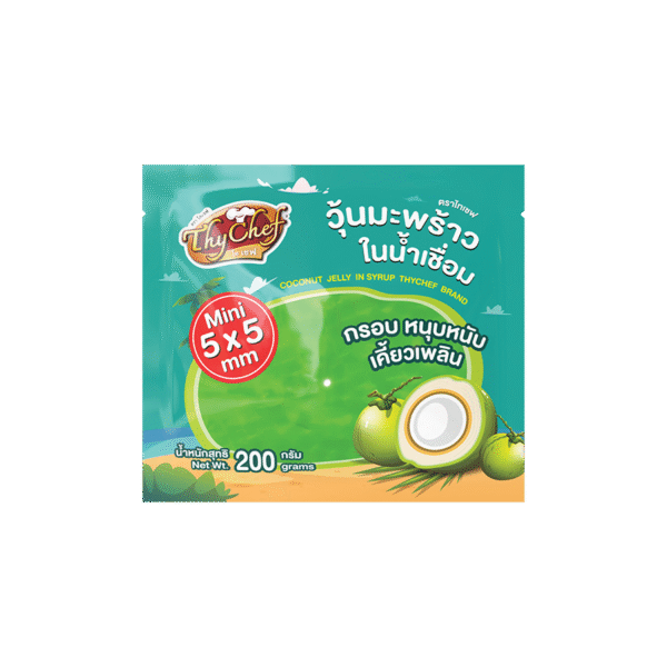 วุ้นมะพร้าวในน้ำเชื่อม, coconut jelly in syrup, 5*5 mm, 5*5 มม, Thychef, ไทเชฟ, กลิ่นใบเตย, pandan flavoured