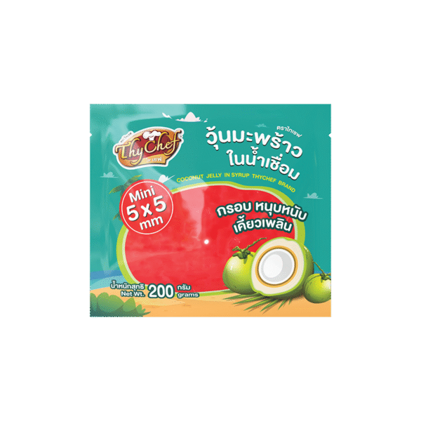 วุ้นมะพร้าวในน้ำเชื่อม, coconut jelly in syrup, กลิ่นสตรอเบอร์รี่, strawberry flavoured, 5*5 mm, 5*5 มม, Thychef, ไทเชฟ